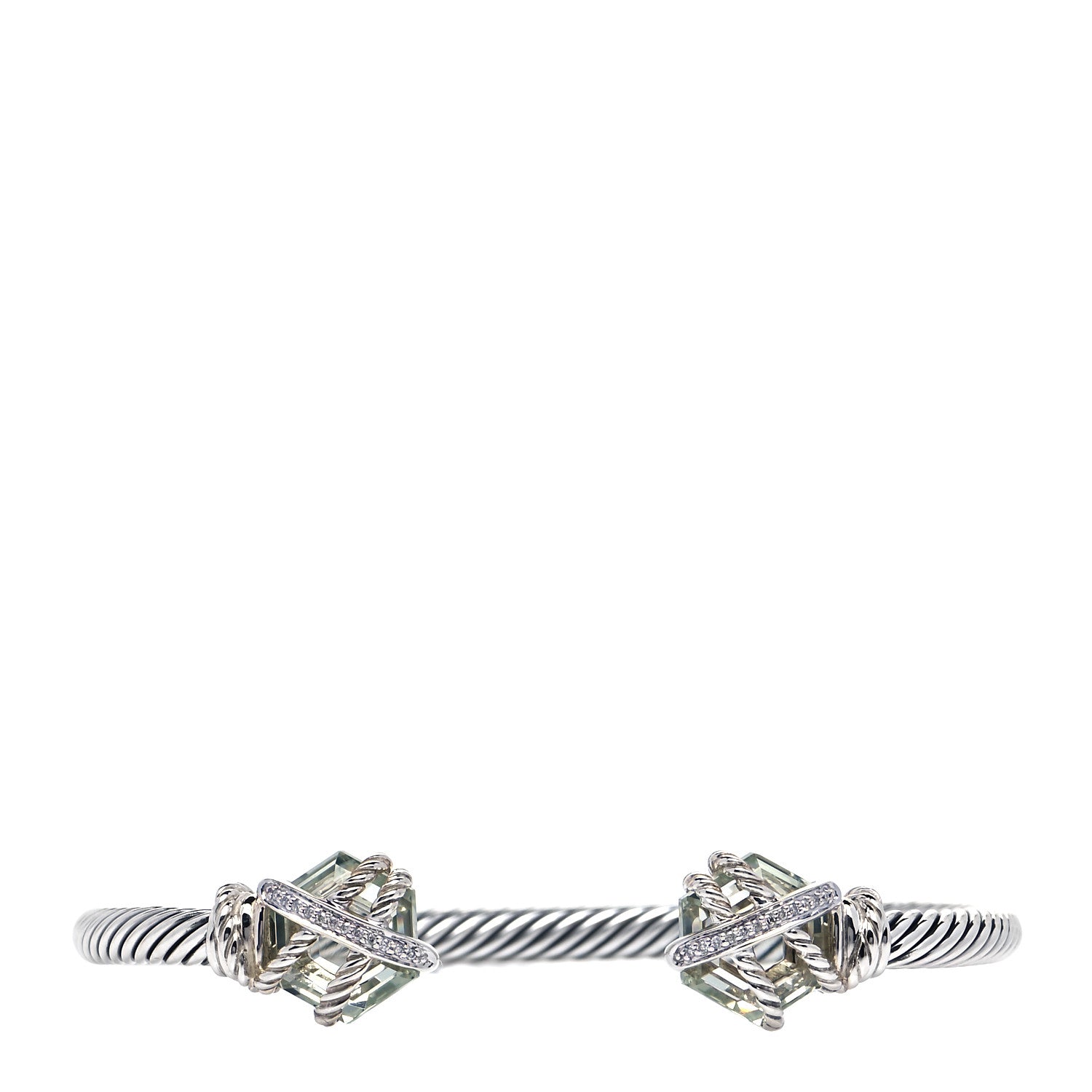 David Yurman Sterling Silver Pave Diamond Prasiolite 4mm Cable Wrap Bracelet 2 of 8