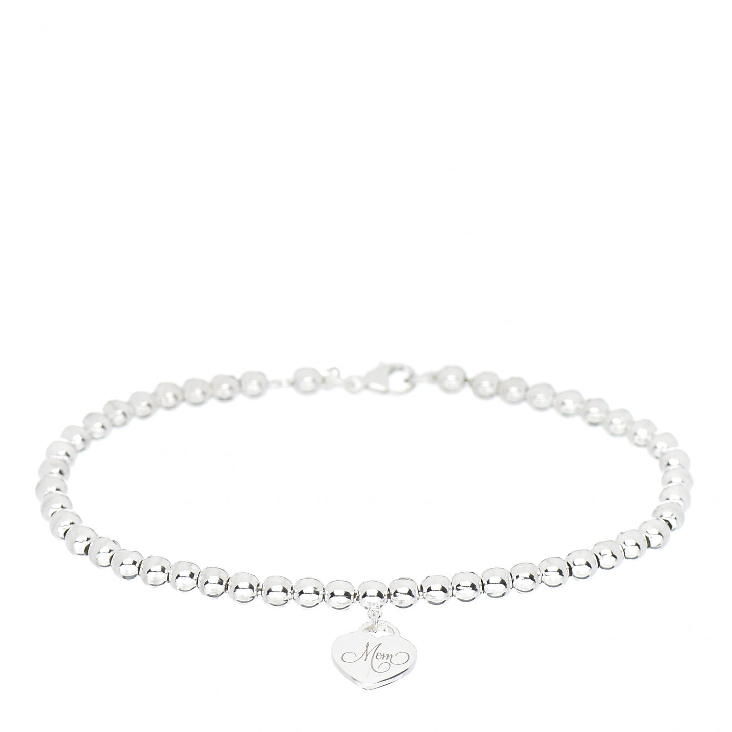 Sterling Silver 4mm Mom Heart Tag Bead Bracelet