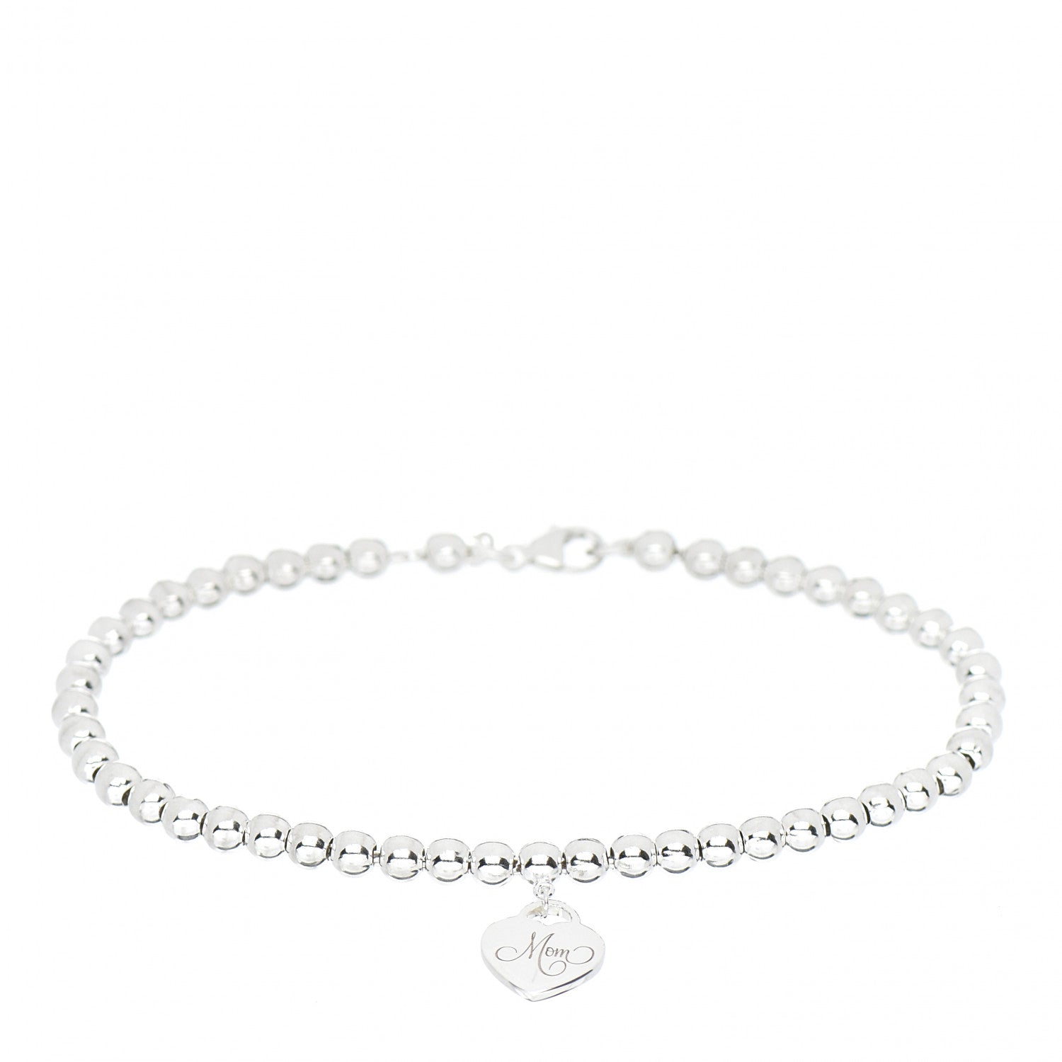 Tiffany Sterling Silver 4mm Mom Heart Tag Bead Bracelet 1 of 3