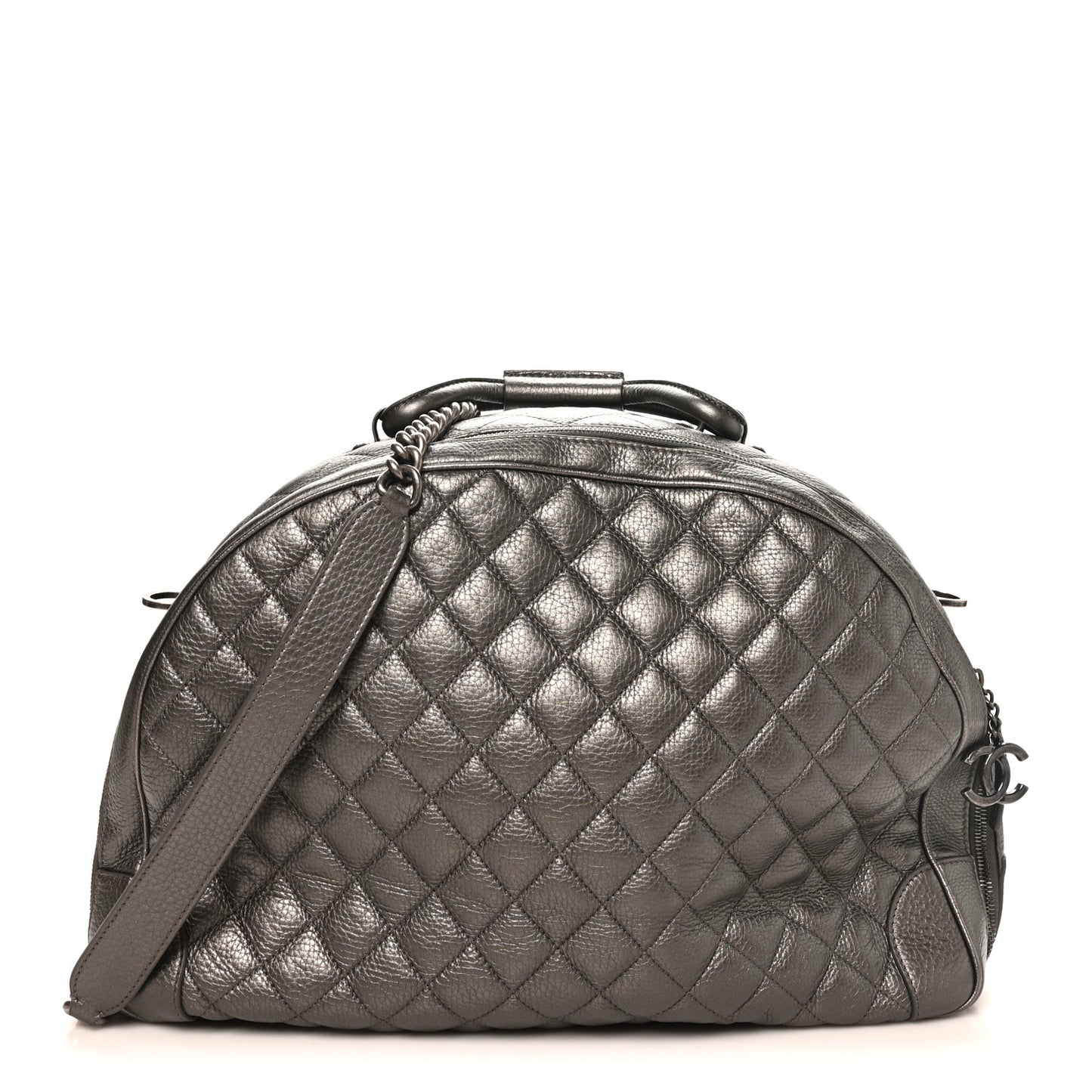 Metallic Calfskin Quilted Medium Airlines Round Trip Bowling Bag Silver
