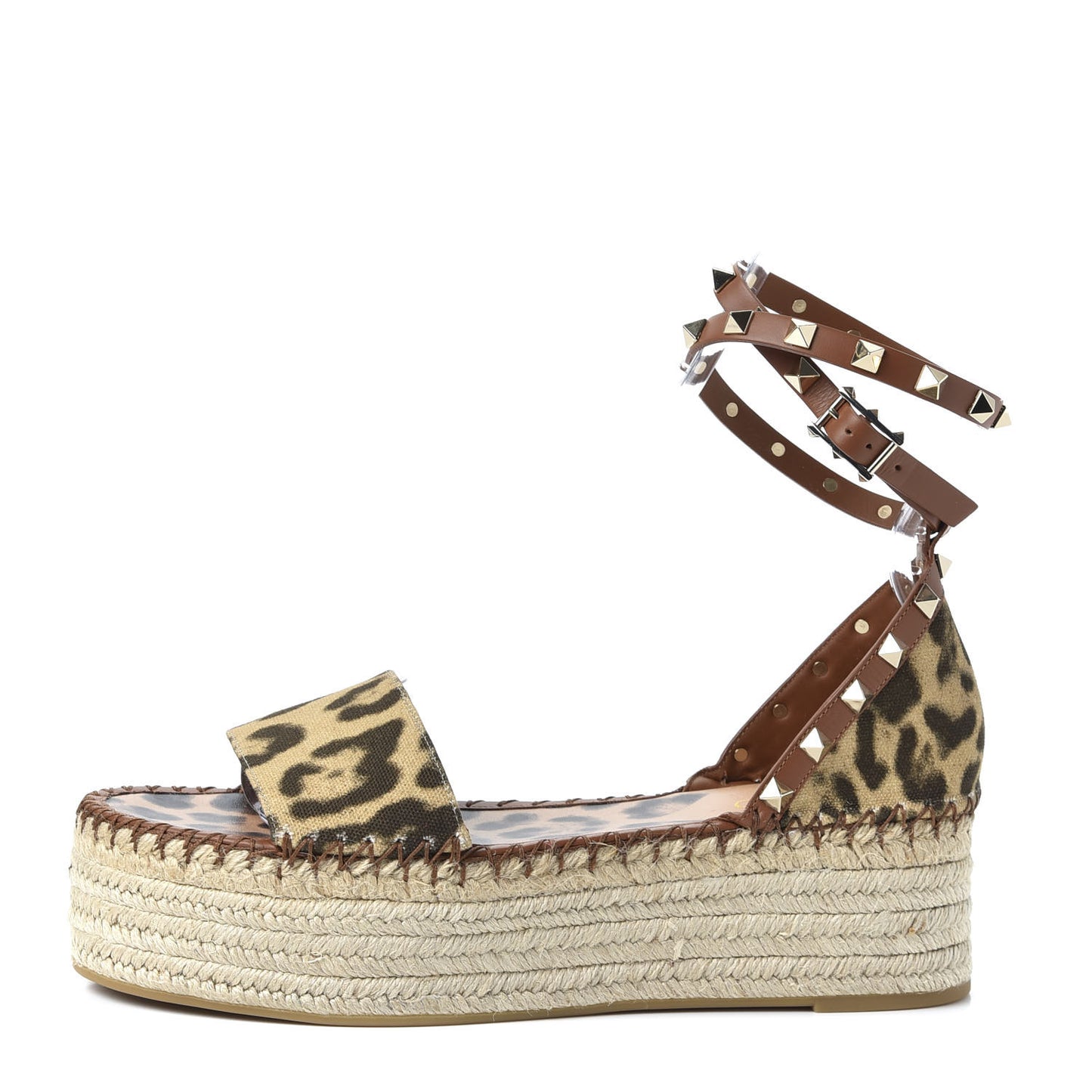 Canvas Leopard Print Rockstud Ankle Wrap Espadrille Flatform Sandals 39 Brown