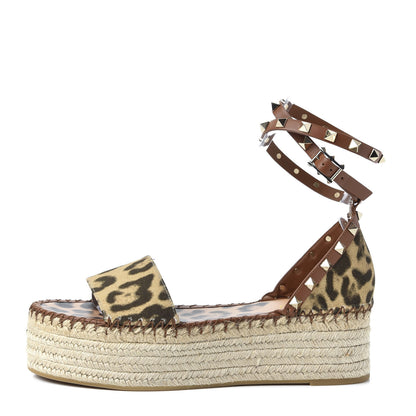 Valentino Garavani Canvas Leopard Print Rockstud Ankle Wrap Espadrille Flatform Sandals 39 Brown 1 of 10