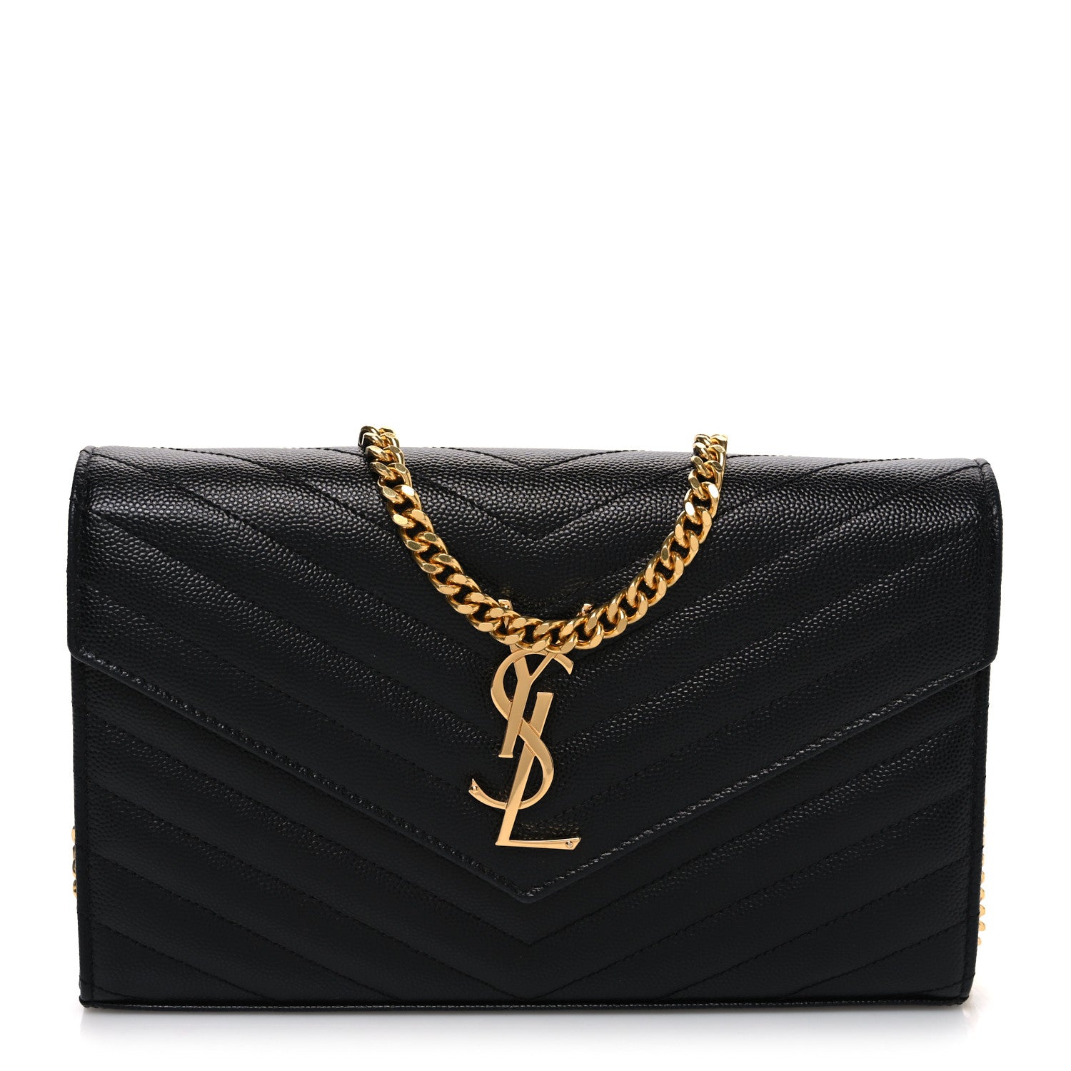 Saint Laurent Grain De Poudre Matelasse Chevron Monogram Chain Wallet Black 1 of 9