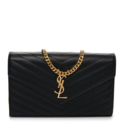 Saint Laurent Grain De Poudre Matelasse Chevron Monogram Chain Wallet Black 1 of 9