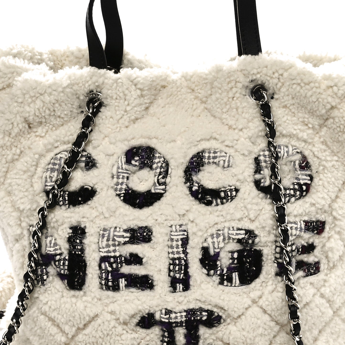 Shearling Sheepskin Tweed Large Coco Neige Tote White Black