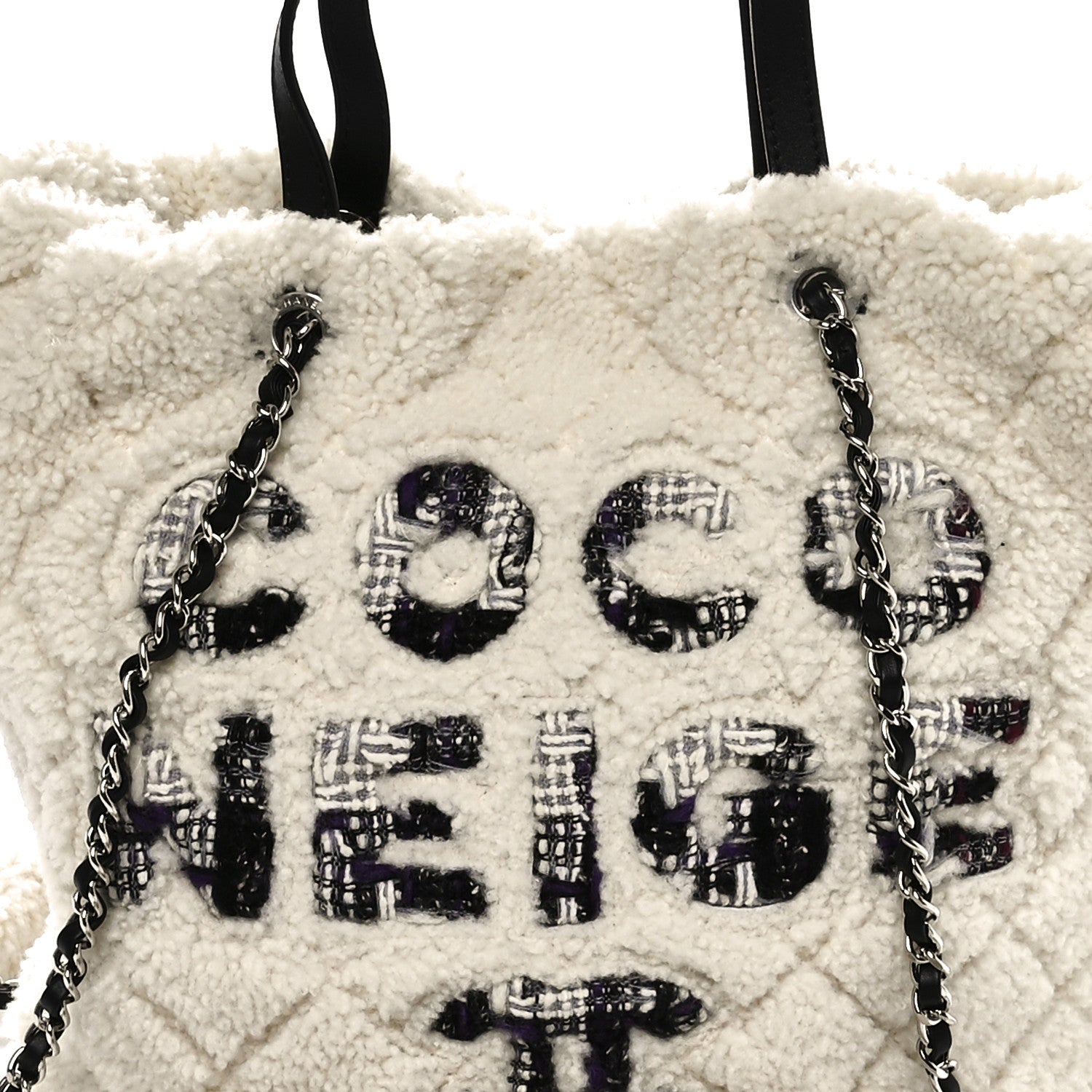 Chanel Shearling Sheepskin Tweed Large Coco Neige Tote White Black 5 of 11