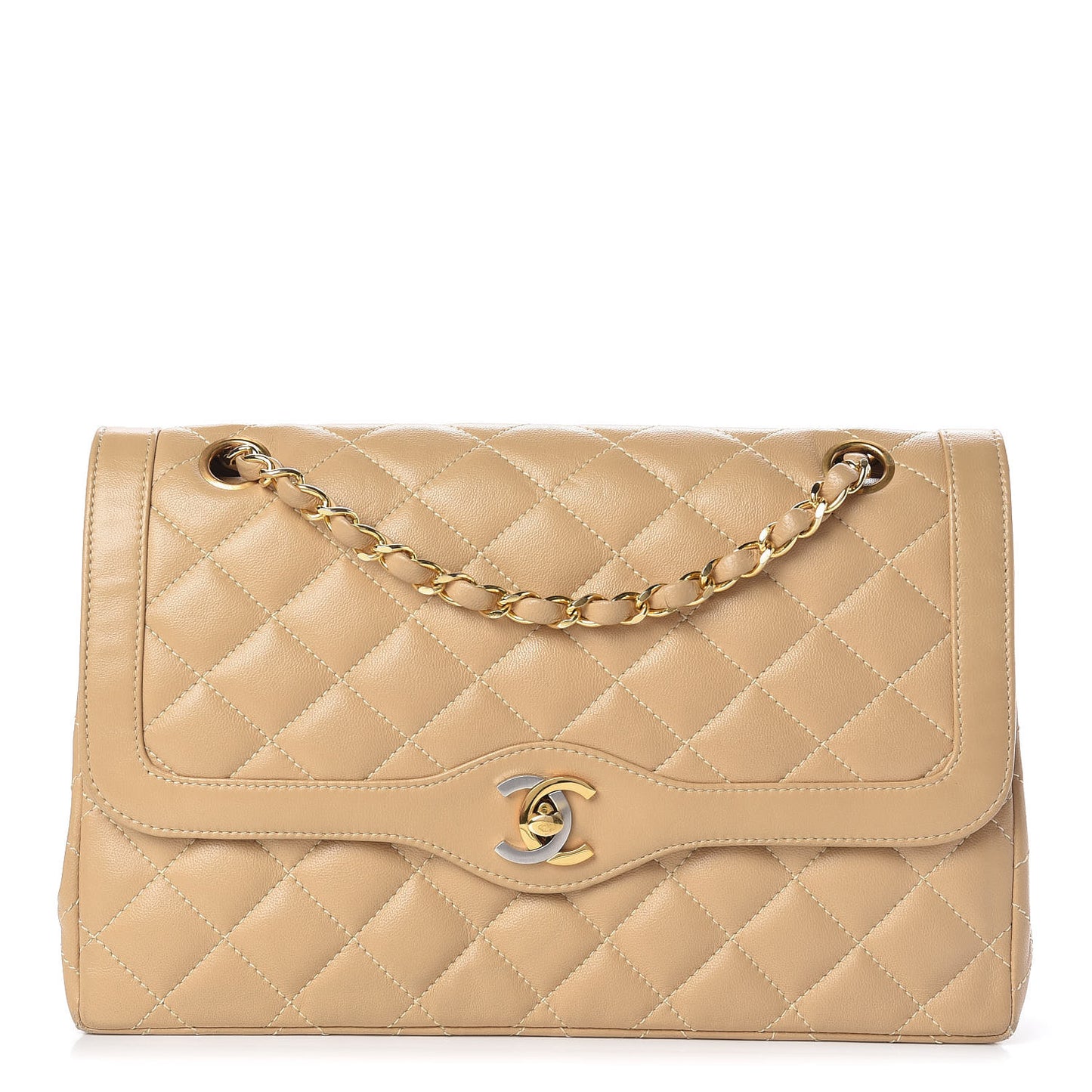Lambskin Quilted Medium Double Flap Beige