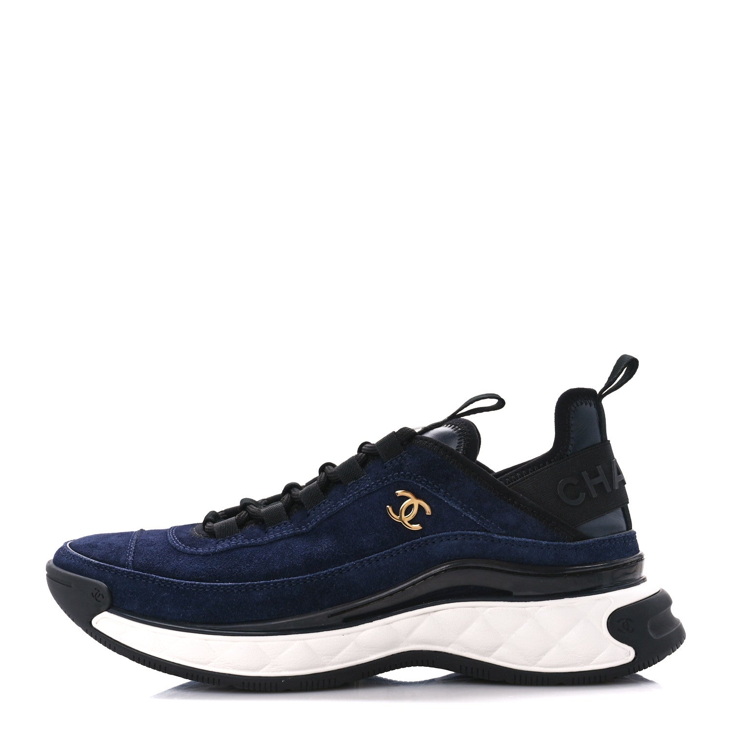 Chanel Suede Calfskin Nylon Grosgrain CC Sneakers 37.5 Navy Blue 1 of 10