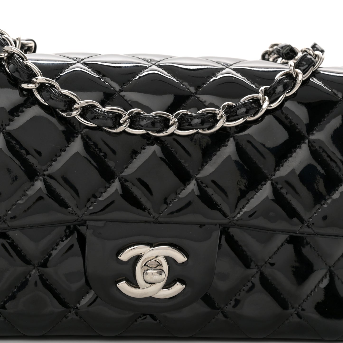 Patent Calfskin Quilted Mini Rectangular Flap Black