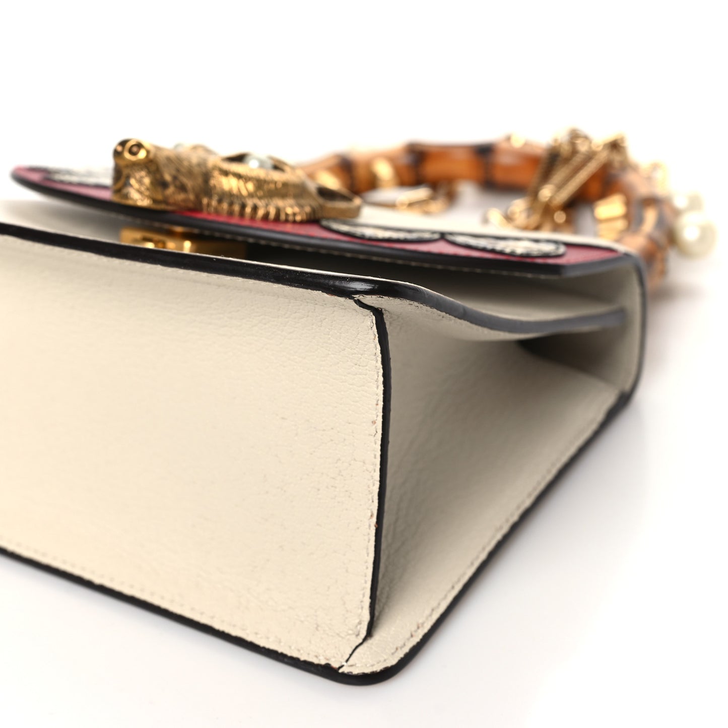 Goatskin Pearl Mini Fox Broche Bamboo Top Handle Bag Hibiscus Red Mystic White