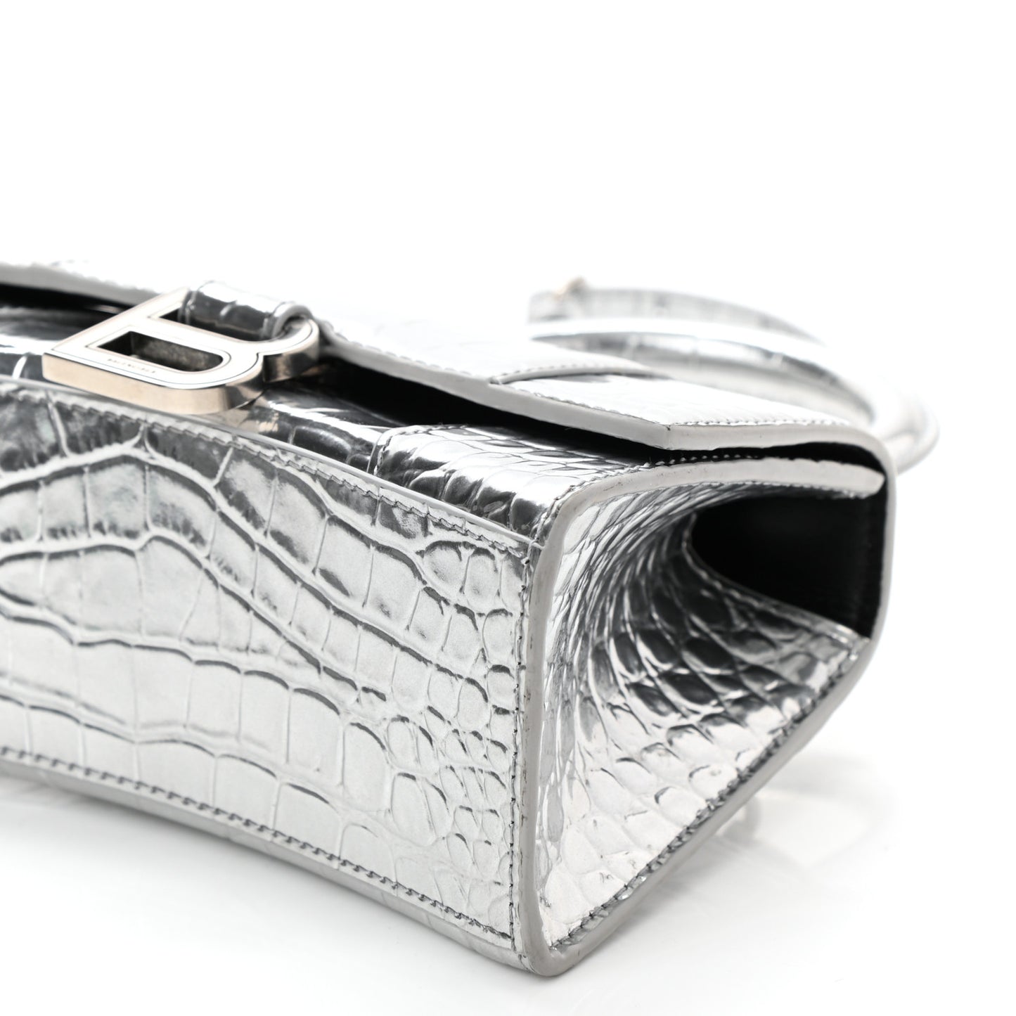 Metallic Calfskin Crocodile Embossed Hourglass Top Handle Bag XS Silver