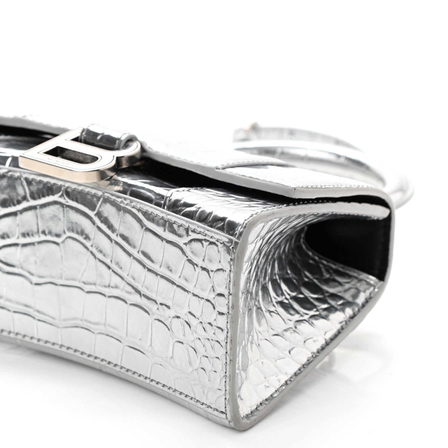 Balenciaga Metallic Calfskin Crocodile Embossed Hourglass Top Handle Bag XS Silver 8 of 8