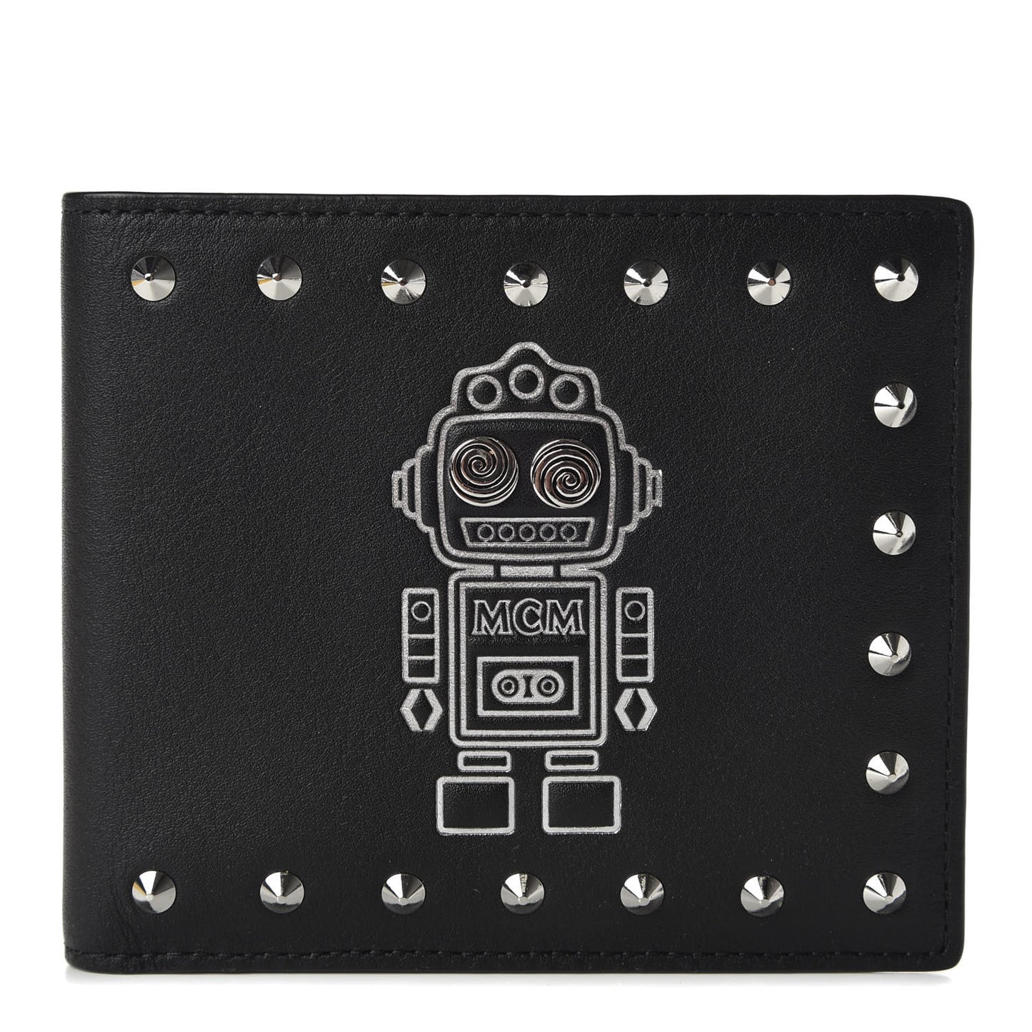 Calfskin Studded Robot Bi-Fold Wallet Black