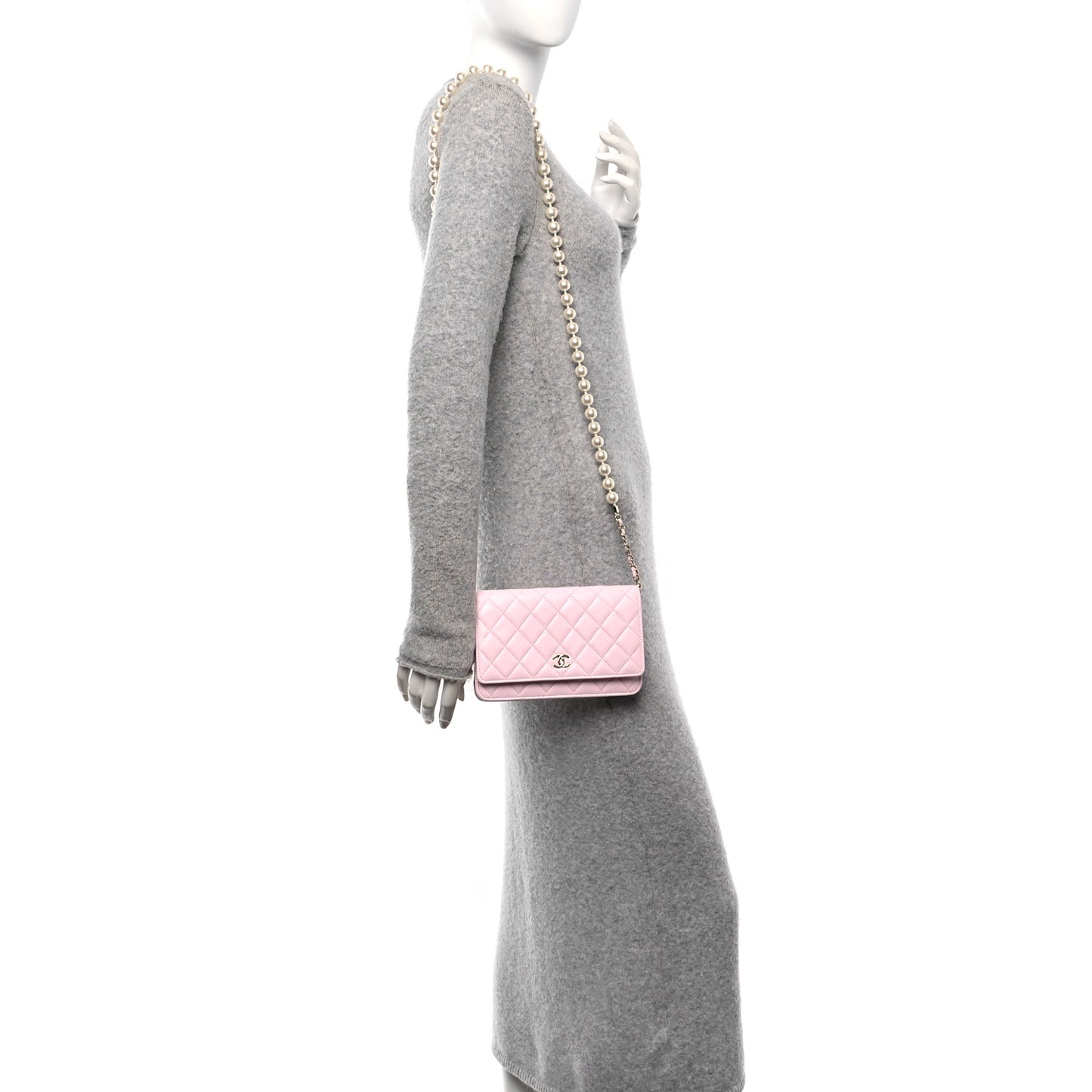 Lambskin Quilted Pearl Wallet On Chain WOC Pink Pink