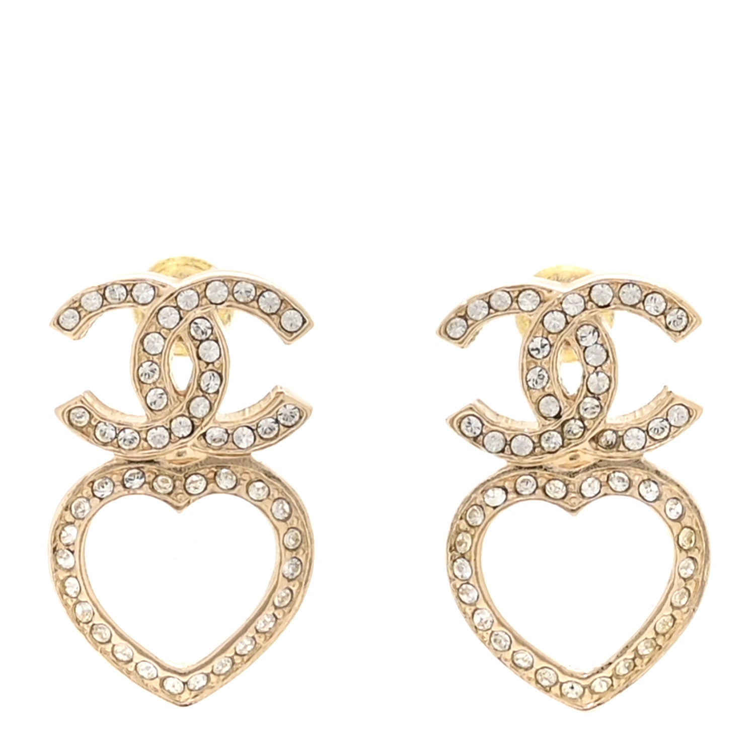 Chanel Crystal CC Heart Drop Earrings Gold 1 of 5