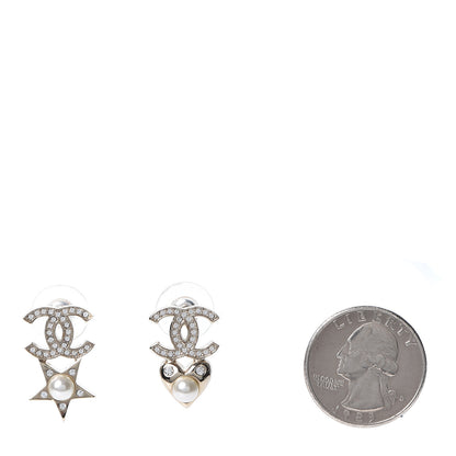 Chanel Crystal Pearl Charming Winter CC Star Heart Earrings Gold 2 of 5