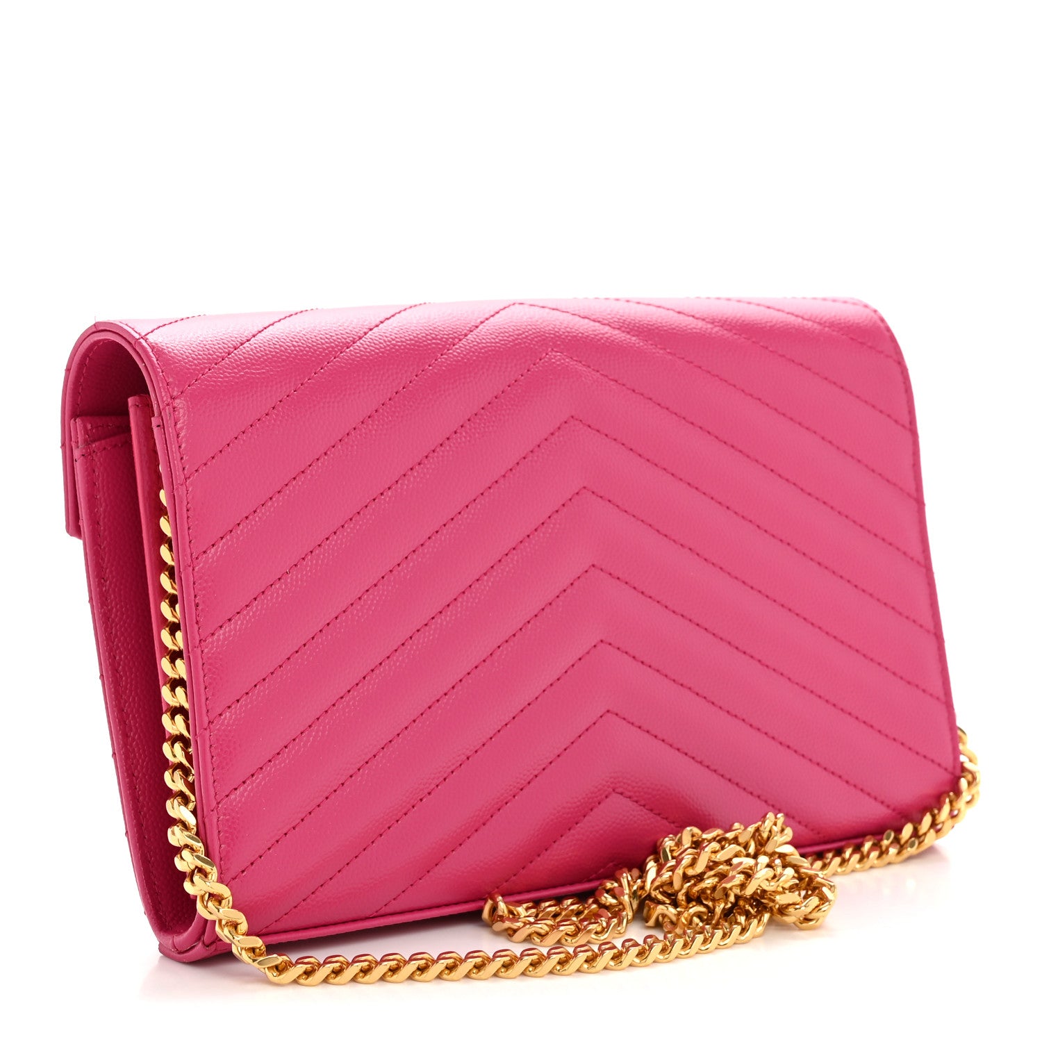 Saint Laurent Grain De Poudre Matelasse Chevron Monogram Chain Wallet Hot Pink 3 of 12