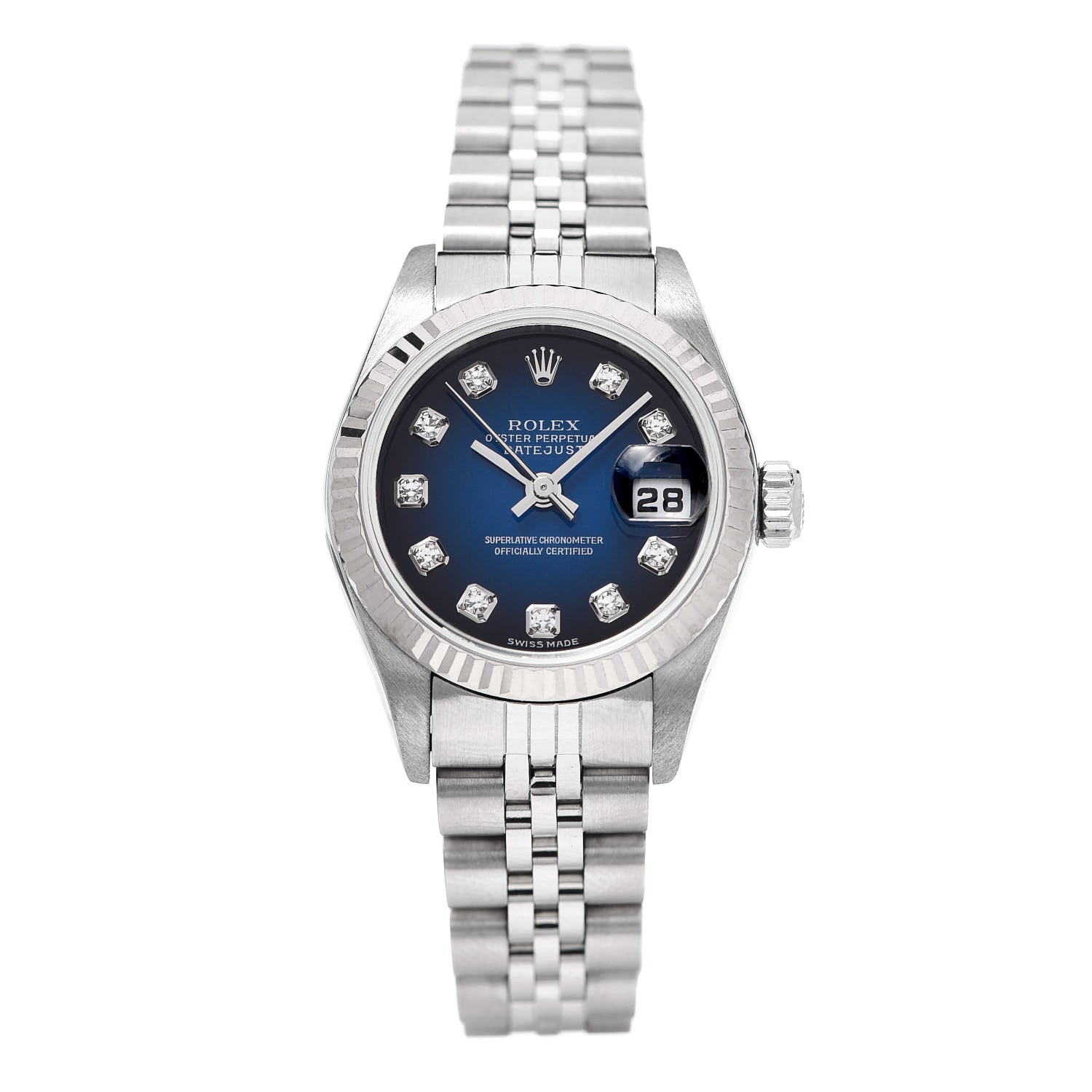 Rolex Stainless Steel 18K White Gold Diamond 26mm Oyster Perpetual Datejust Watch Blue Gradient 79174 1 of 6