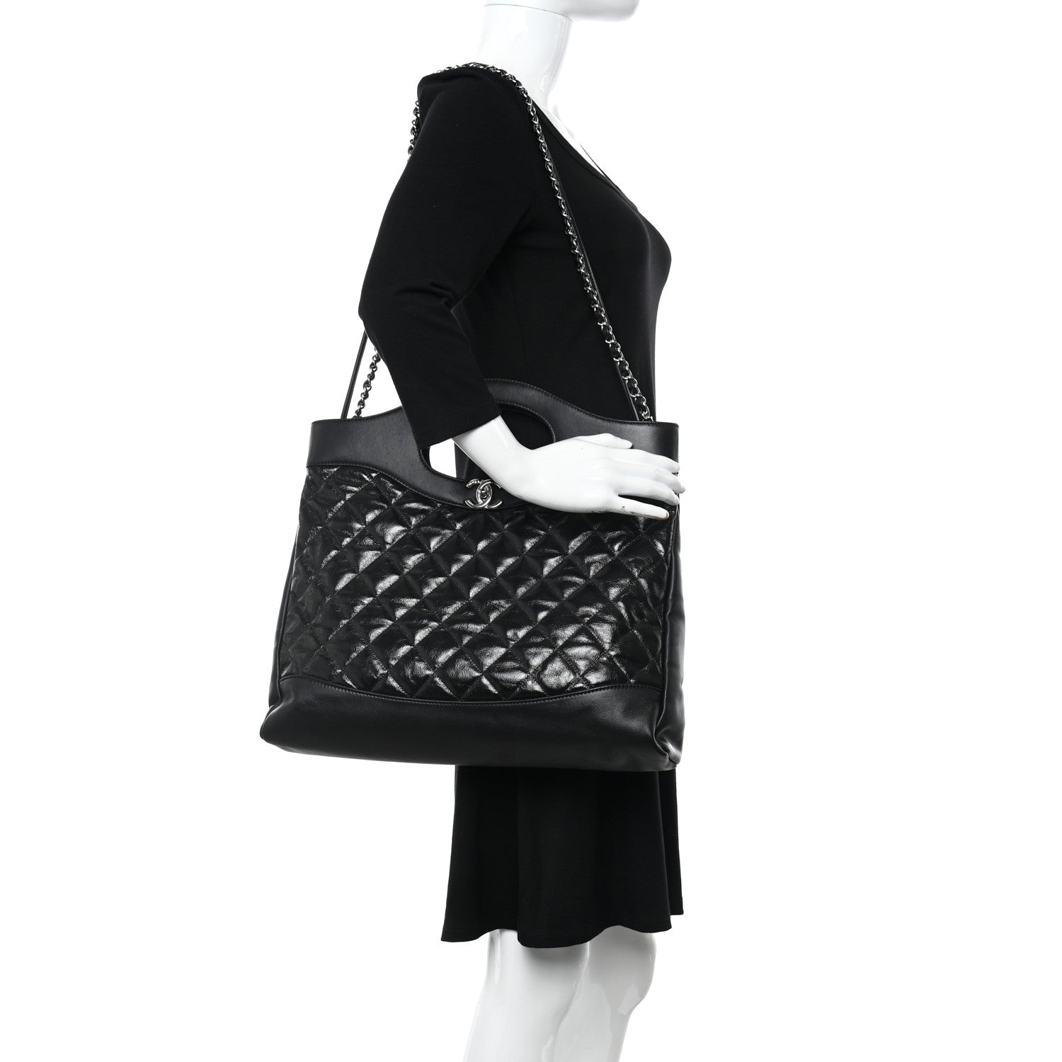 Chanel Shiny Aged Calfskin Quilted Large 31 Shopping Bag Black 2 of 11