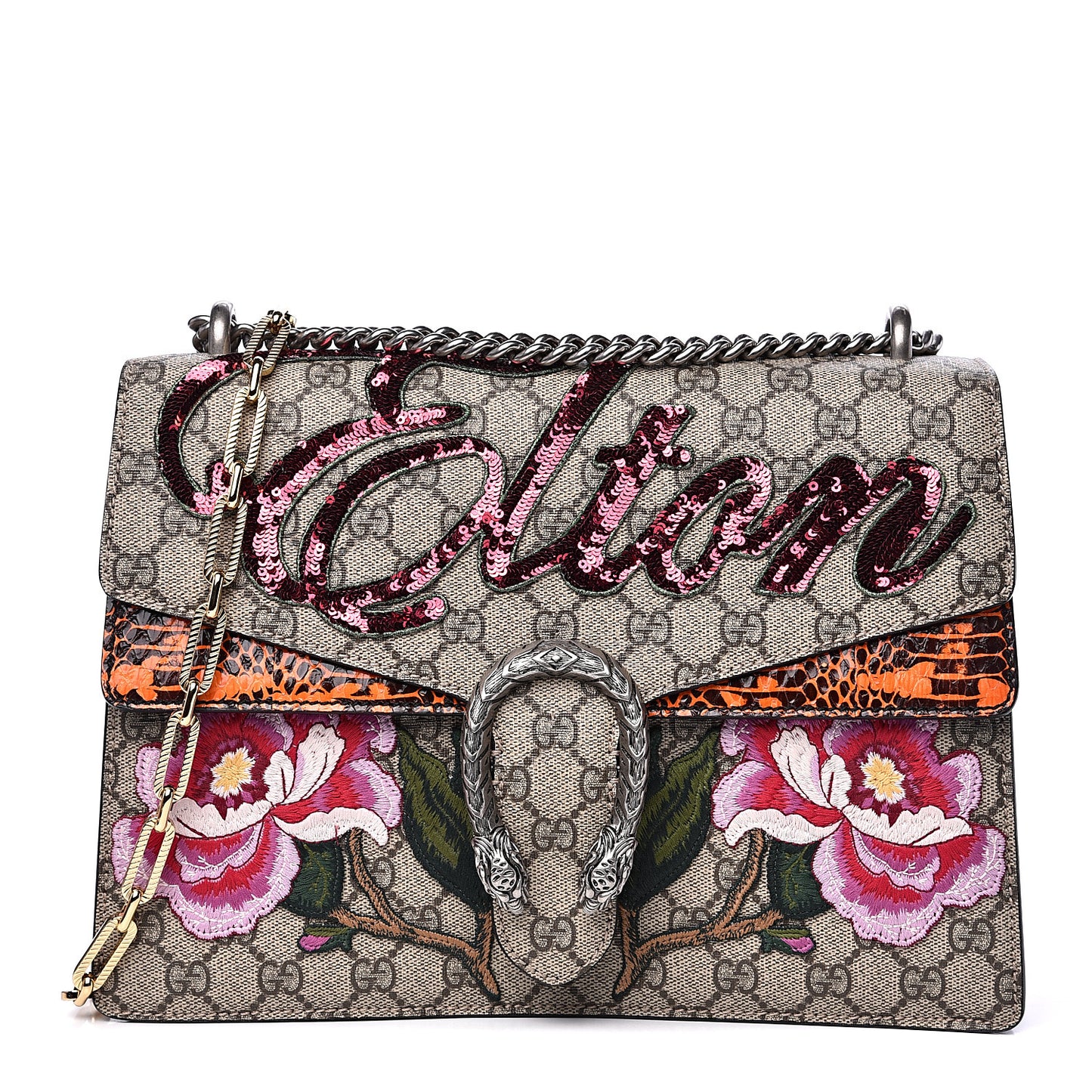 GG Supreme Monogram Snakeskin Elton Embroidered Medium Dionysus Shoulder Bag Beige Orange