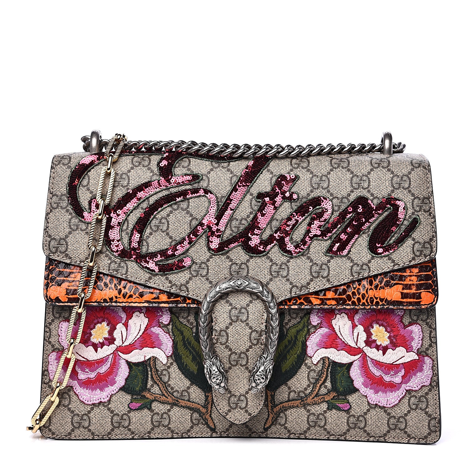 Gucci GG Supreme Monogram Snakeskin Elton Embroidered Medium Dionysus Shoulder Bag Beige Orange 1 of 12