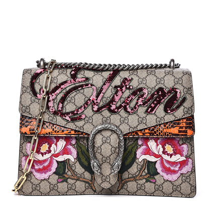 Gucci GG Supreme Monogram Snakeskin Elton Embroidered Medium Dionysus Shoulder Bag Beige Orange 1 of 12