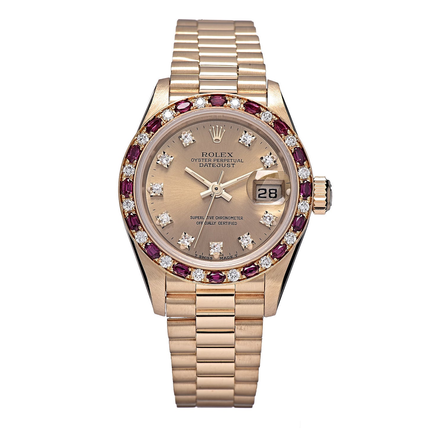 18K Yellow Gold Diamond Ruby 26mm Oyster Perpetual Datejust President Watch Champagne 69198