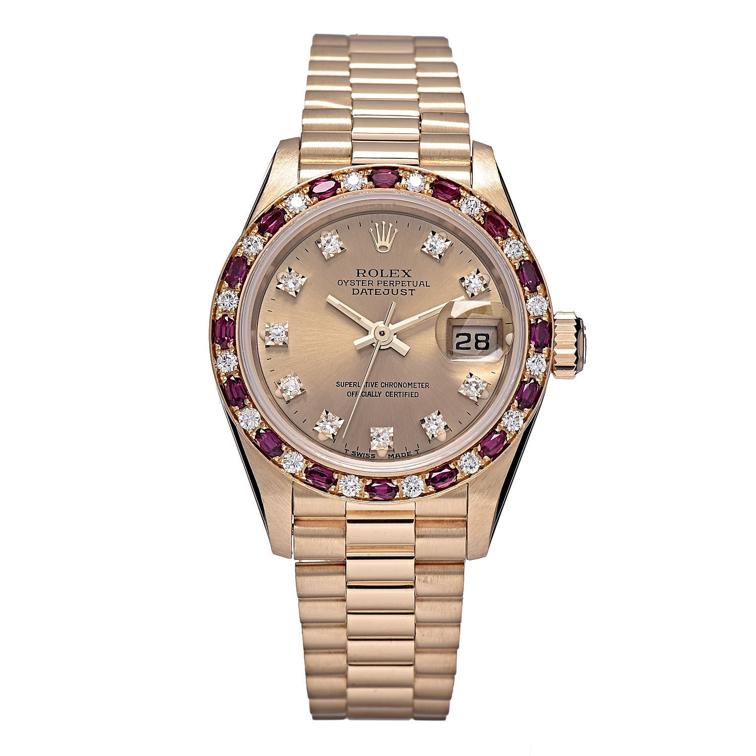 Rolex 18K Yellow Gold Diamond Ruby 26mm Oyster Perpetual Datejust President Watch Champagne 69198 1 of 7