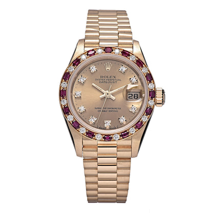 Rolex 18K Yellow Gold Diamond Ruby 26mm Oyster Perpetual Datejust President Watch Champagne 69198 1 of 7