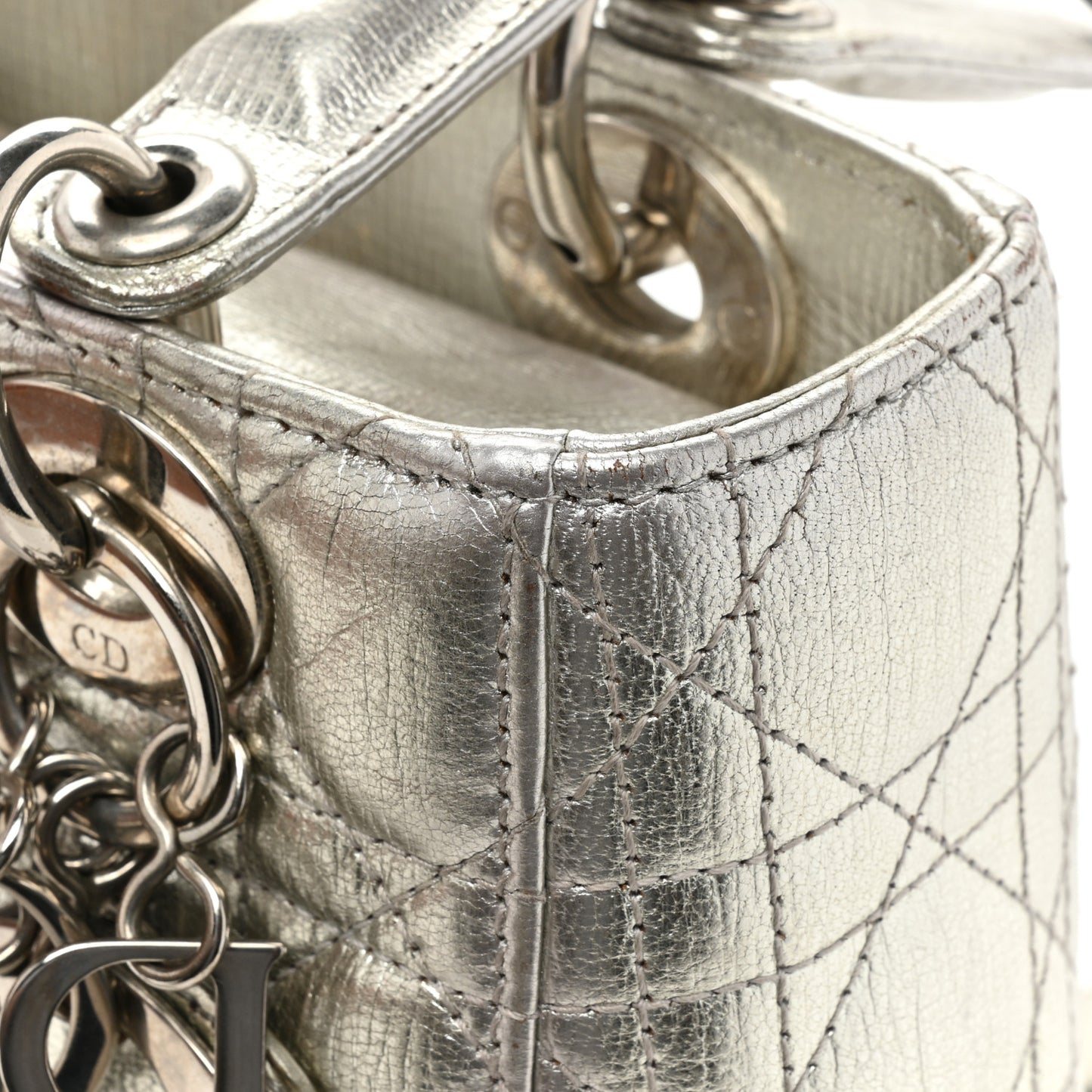 Metallic Grained Calfskin Cannage Small Lucky Badges My Lady Dior Silver