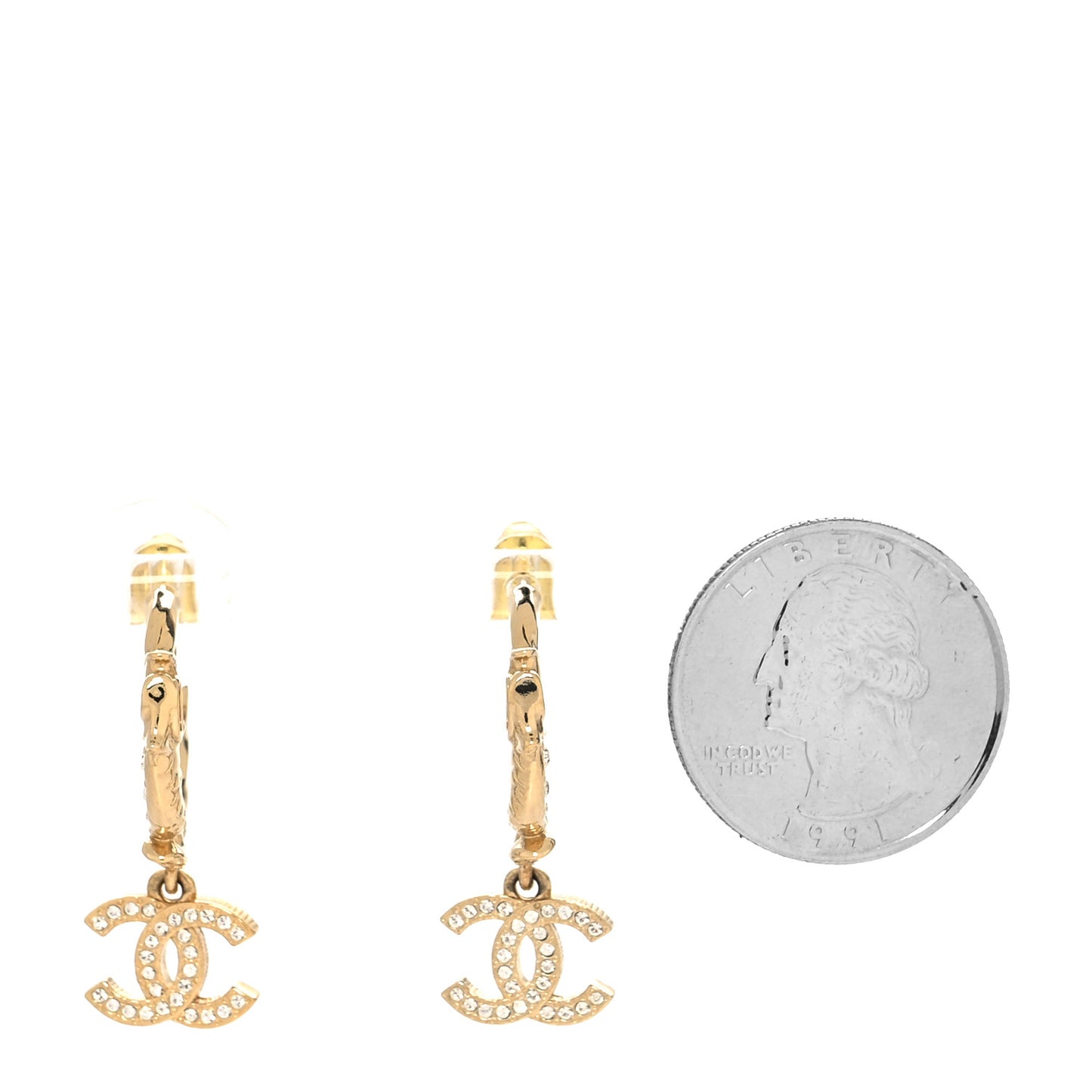 Metal Crystal Studded CC Hoop Drop Earrings Gold
