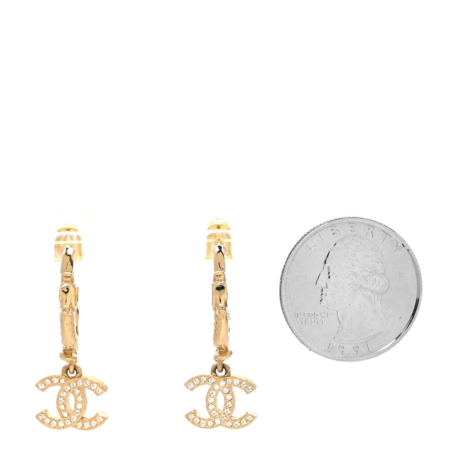 Chanel Metal Crystal Studded CC Hoop Drop Earrings Gold 2 of 4