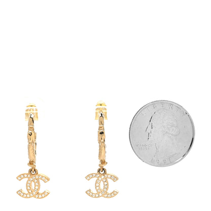 Chanel Metal Crystal Studded CC Hoop Drop Earrings Gold 2 of 4