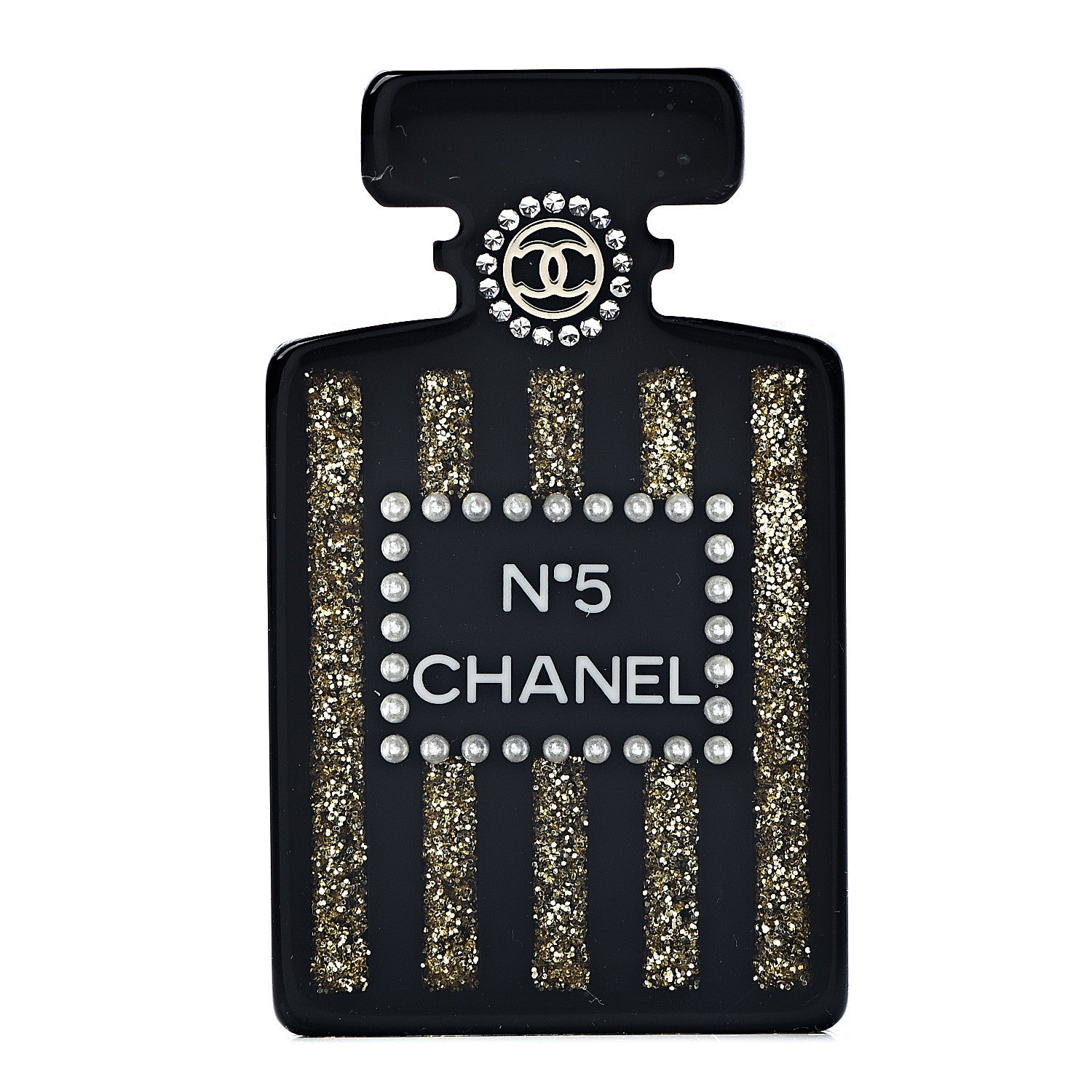 Chanel Resin Strass Perfume Bottle CC Brooch Black Gold 1 of 3