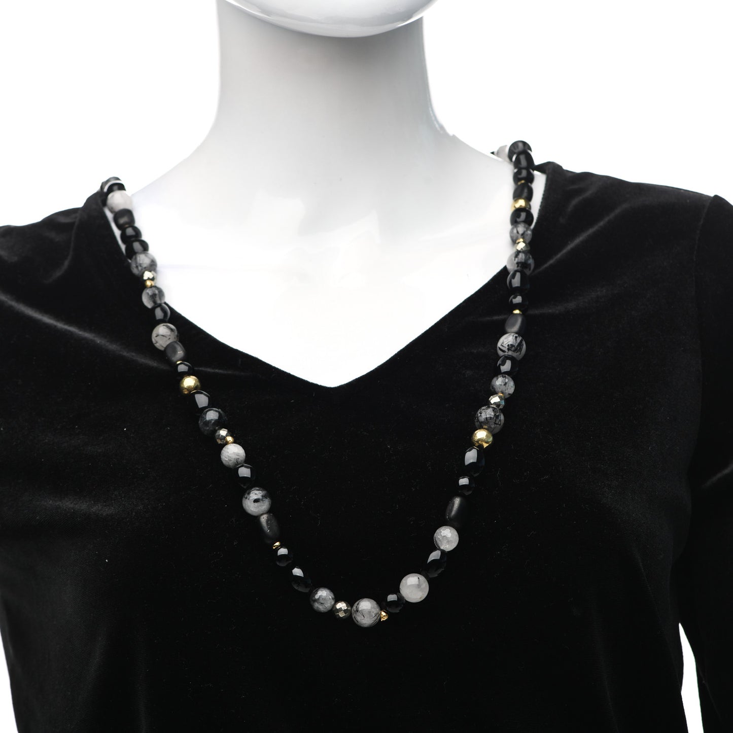 18K Yellow Gold Quartz Black Onyx Pyrite Signature Bead Toggle Necklace