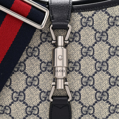 Gucci GG Supreme Monogram Textured Dollar Calfskin Web Small Jackie 1961 Hobo Beige Blue 8 of 10