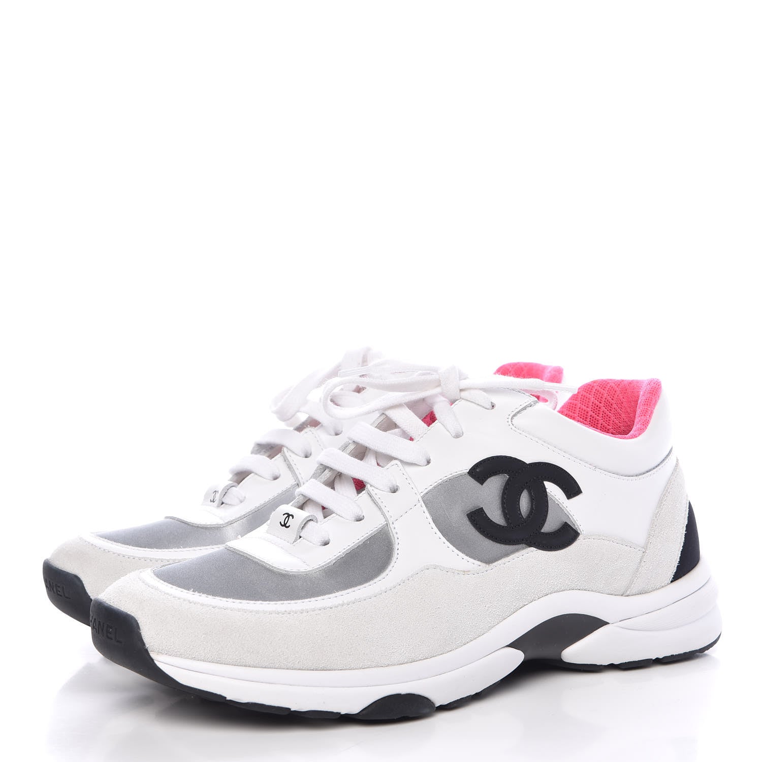 Chanel Calfskin Fabric Sneakers 39.5 White Silver Fluo Pink 3 of 10