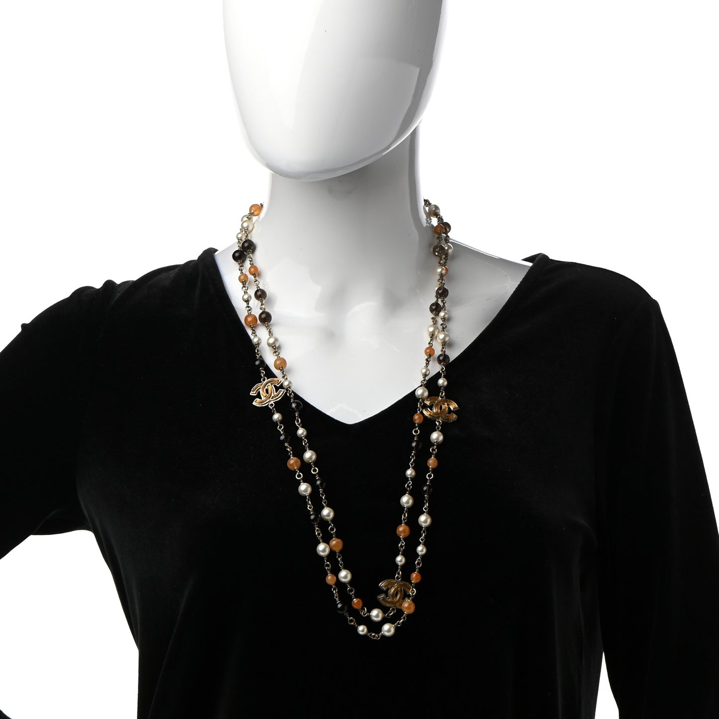 Enamel Bead Pearl CC Long Necklace Brown Silver