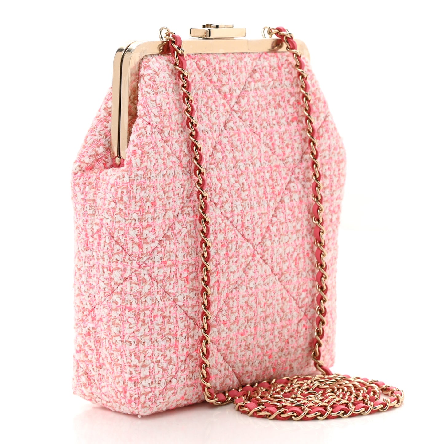 Tweed Kiss Lock Phone Holder With Chain Pale Pink Ecru