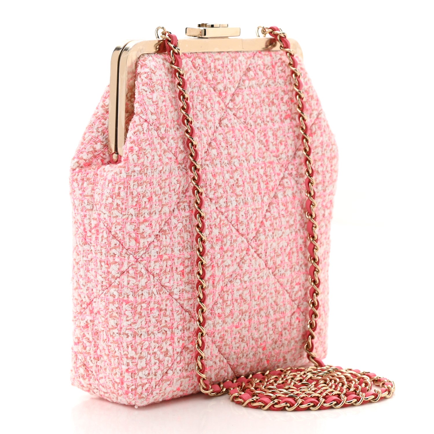 Chanel Tweed Kiss Lock Phone Holder With Chain Pale Pink Ecru 3 of 10