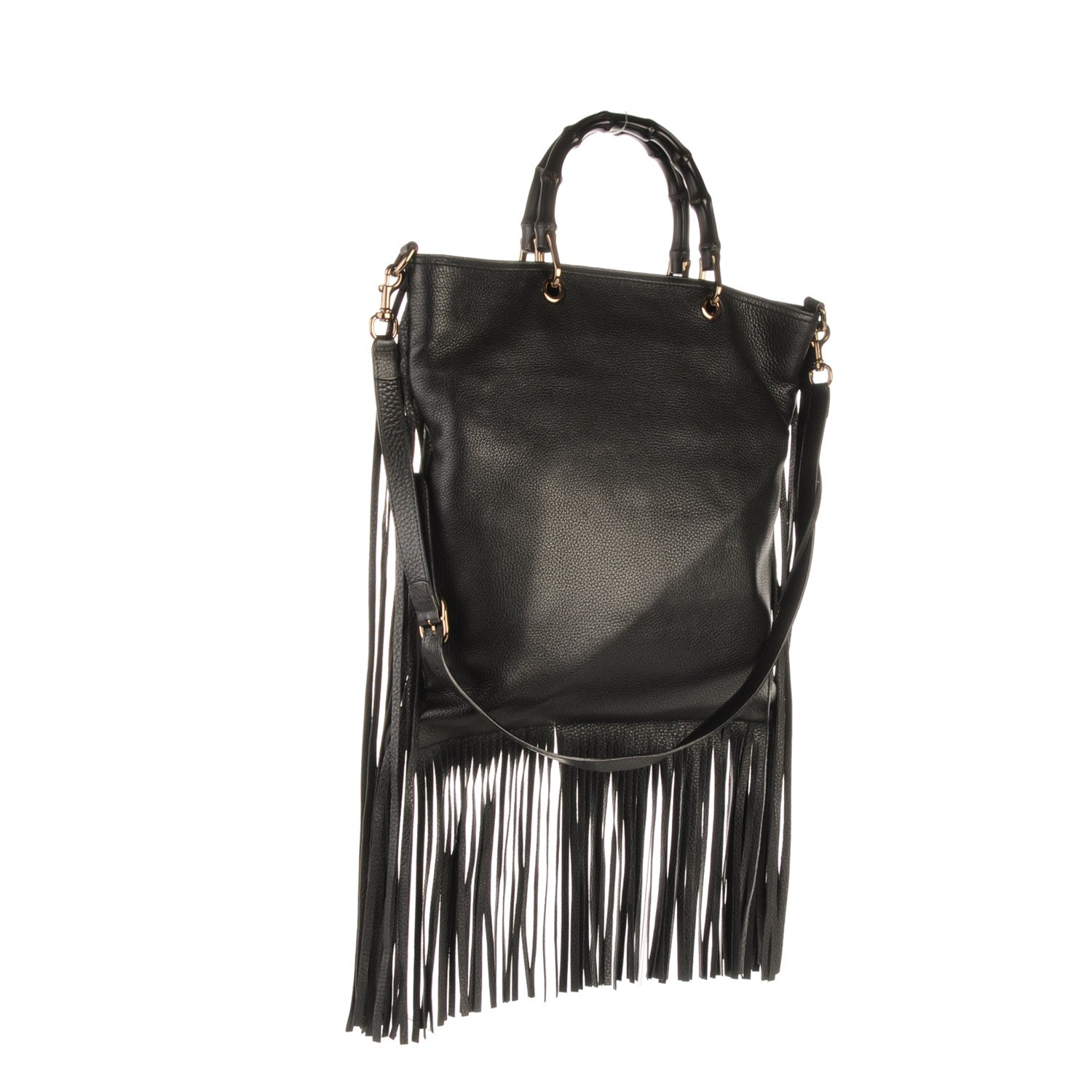 Gucci Textured Calfskin Bamboo Fringe Small Shopper Tote Black 3 of 8