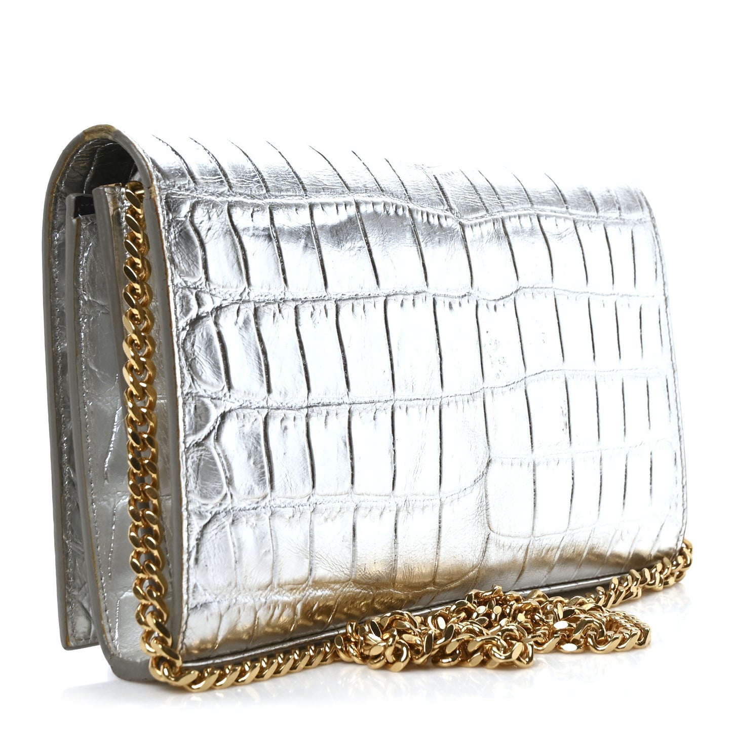 Calfskin Crocodile Embossed Monogram Chain Wallet Argento