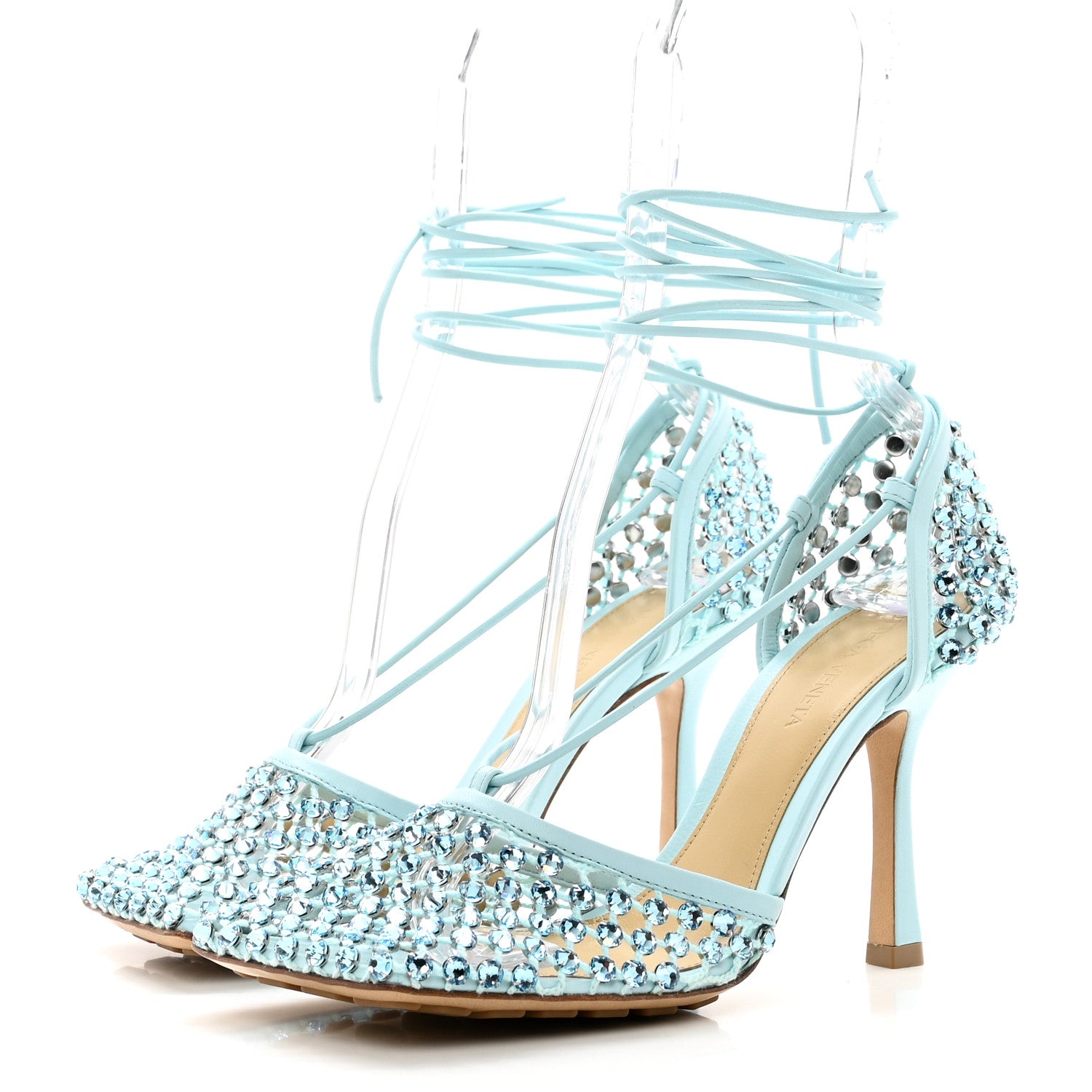 Bottega Veneta Mesh Nappa Crystal Embellished Sparkle Stretch Ankle Tie Sandals 37.5 Pale Blue 3 of 7