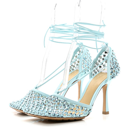 Bottega Veneta Mesh Nappa Crystal Embellished Sparkle Stretch Ankle Tie Sandals 37.5 Pale Blue 3 of 7
