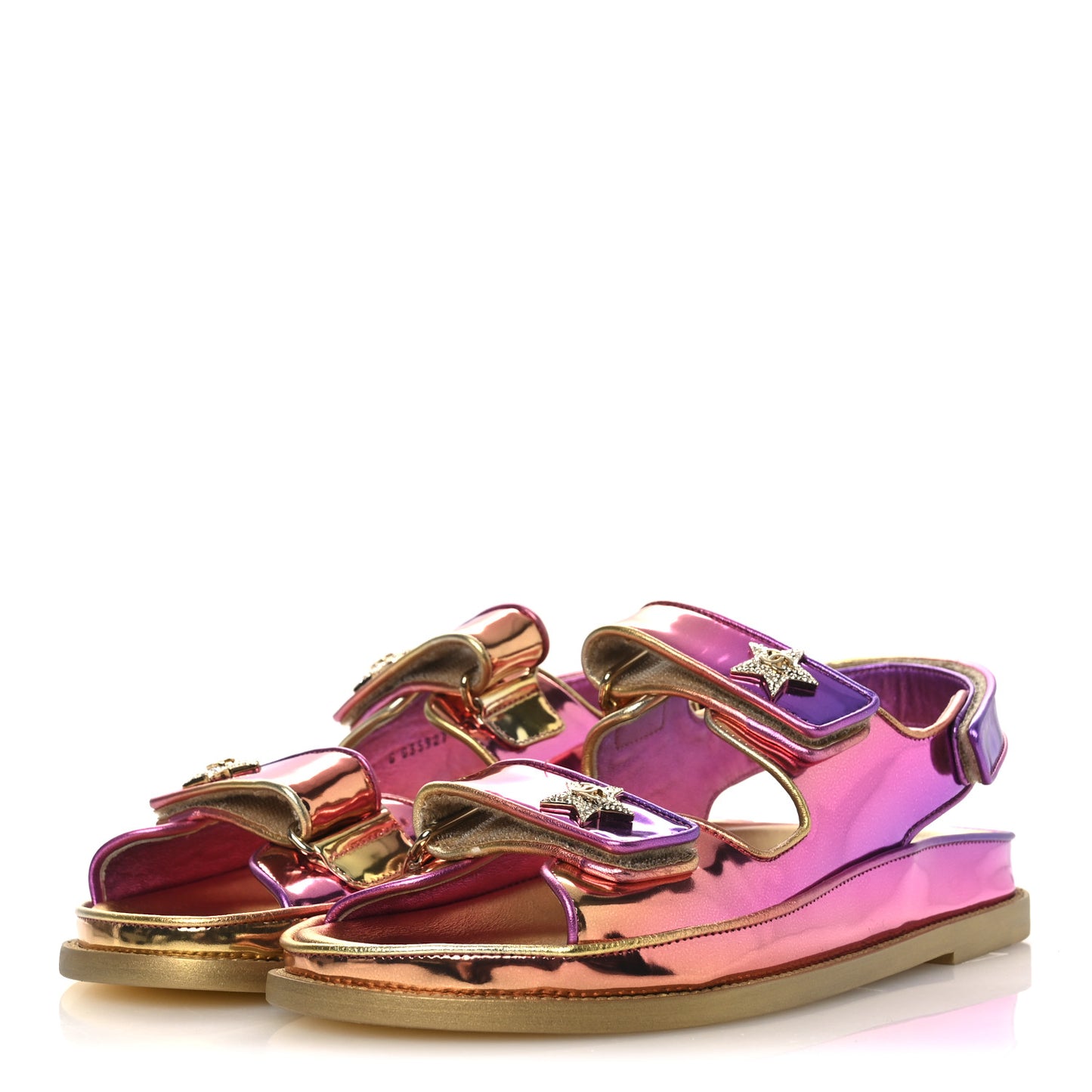 Metallic Laminated Calfskin Crystal Star CC Velcro Dad Sandals 39.5 Pink Orange Yellow