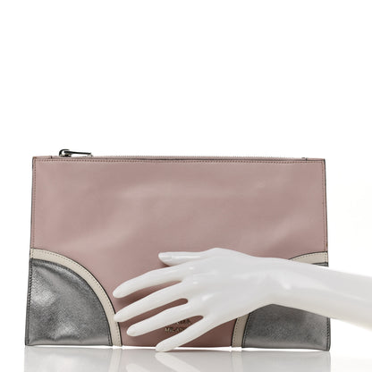 Prada Metallic Saffiano Hand Strap Clutch Pink Silver 2 of 7