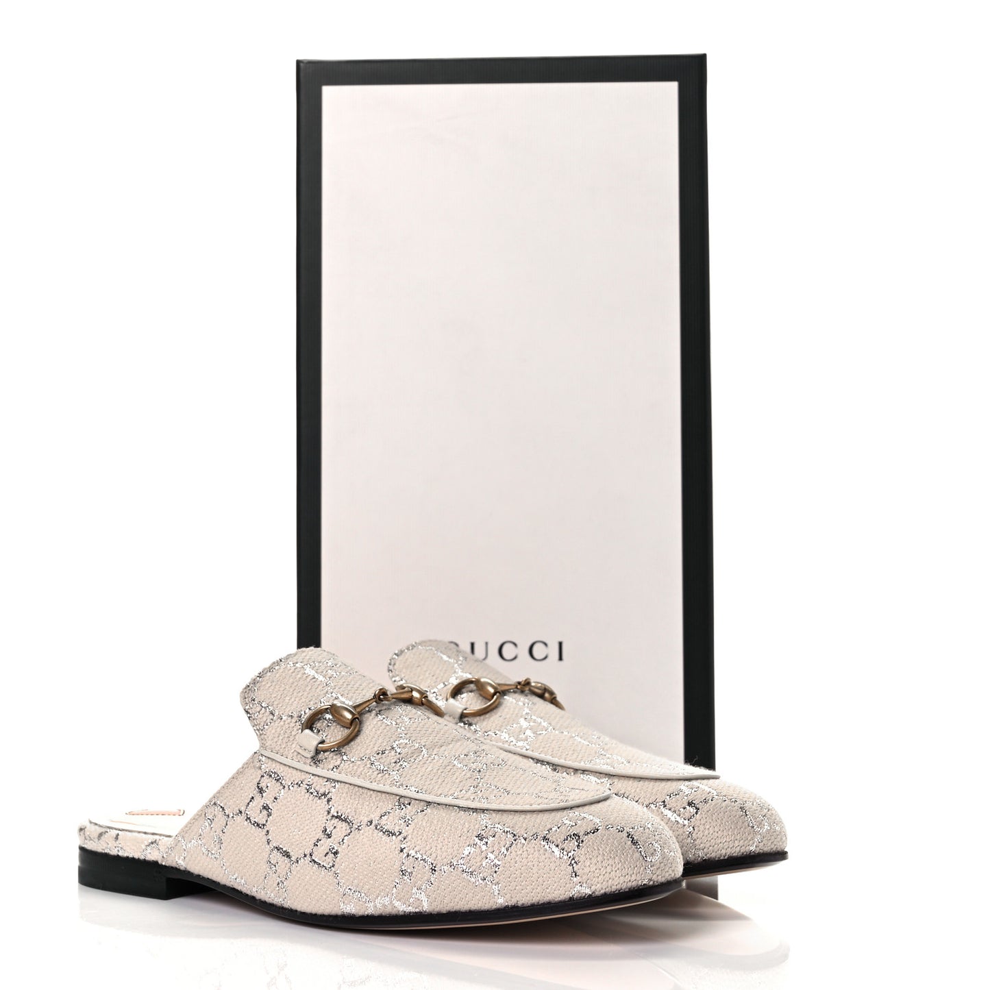 Canvas Lame GG Monogram Womens Princetown Slippers 37 Gardenia Silver