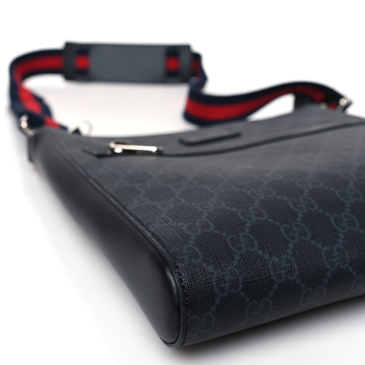 GG Supreme Monogram Appia Calfskin Web Flat Messenger Bag Black Grey