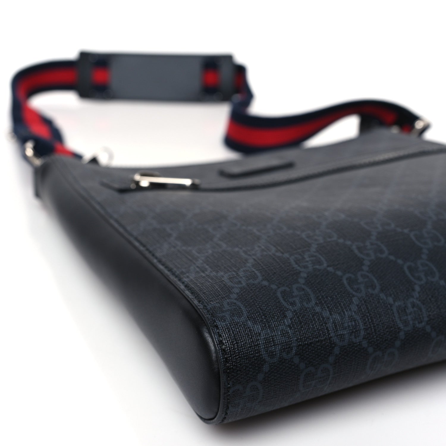 Gucci GG Supreme Monogram Appia Calfskin Web Flat Messenger Bag Black Grey 8 of 9
