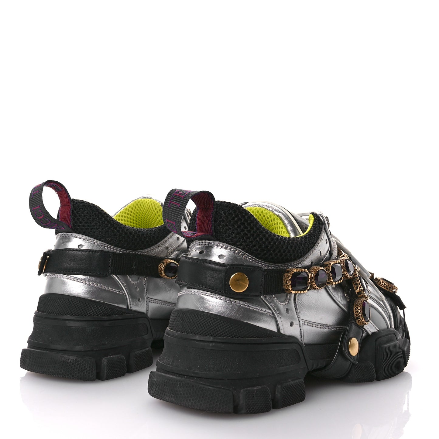 X SEGA Metallic Calfskin Mesh Removable Crystals Womens Flashtrek Sneakers 37 Silver Black